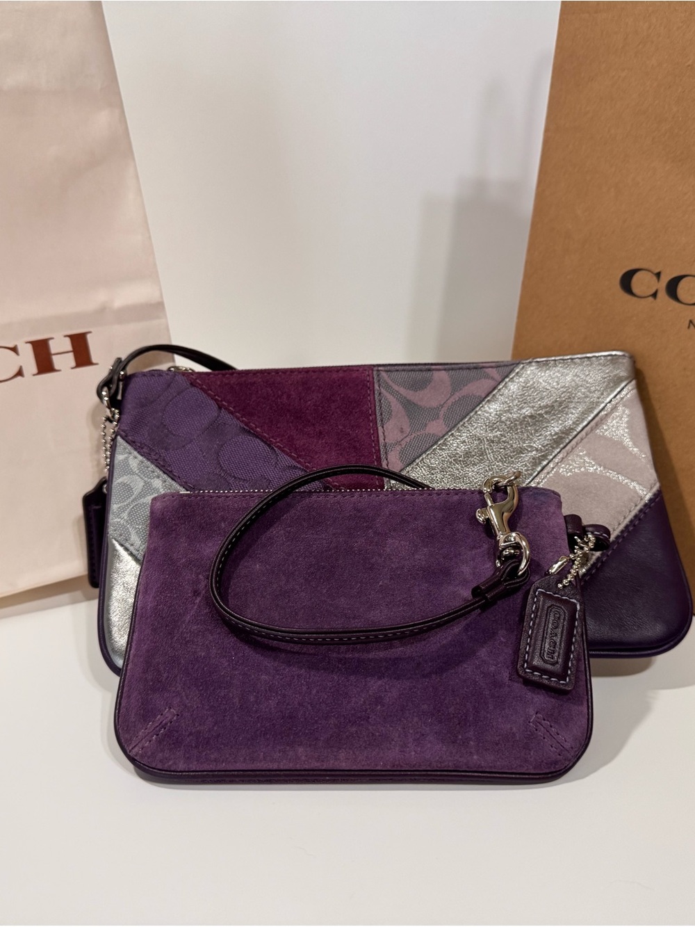 Coach Purple Suede & Metallic Patchwork Wristlet Duo
